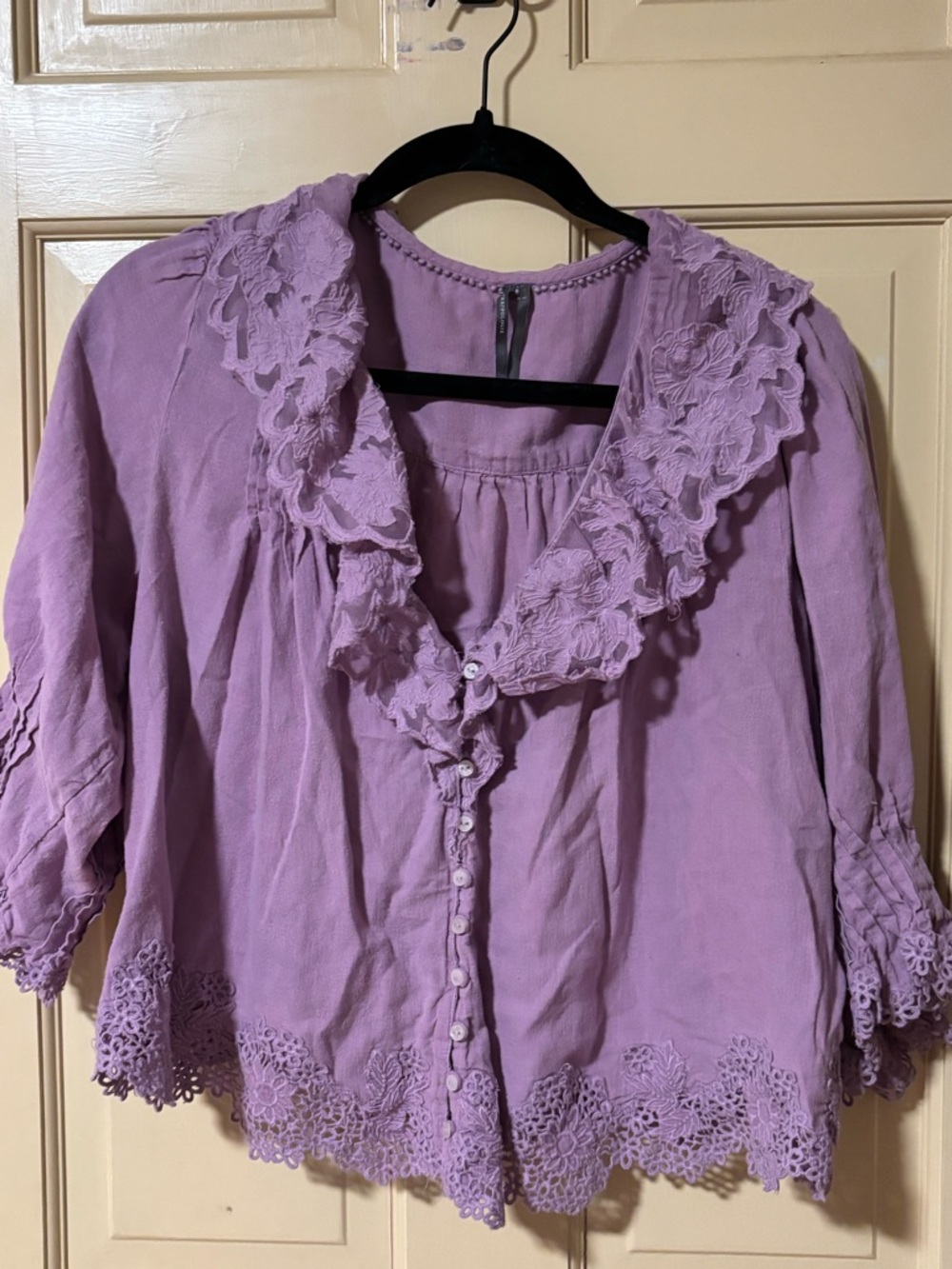 Lilac Lace-Trim Women's Button Front Top